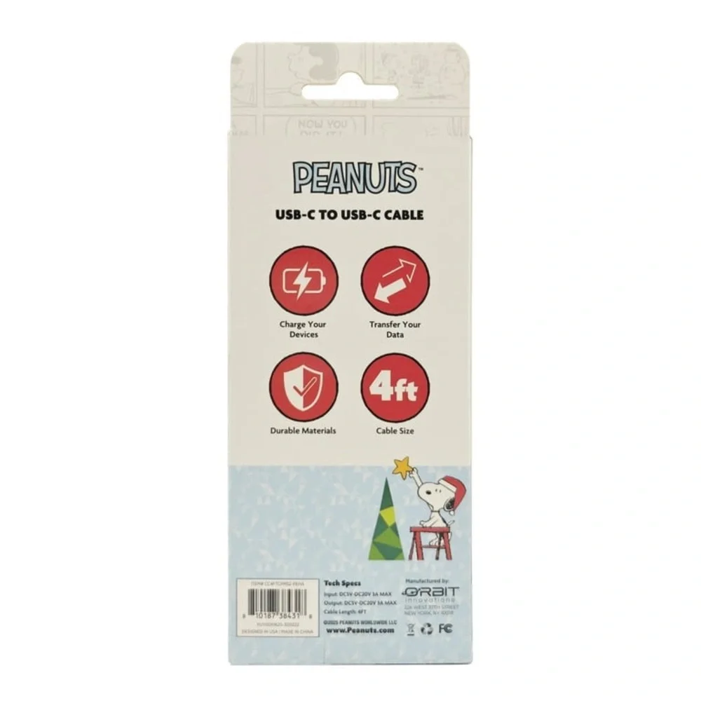 Peanuts 4' USB-C to USB-C Cable, Festive Design NIB